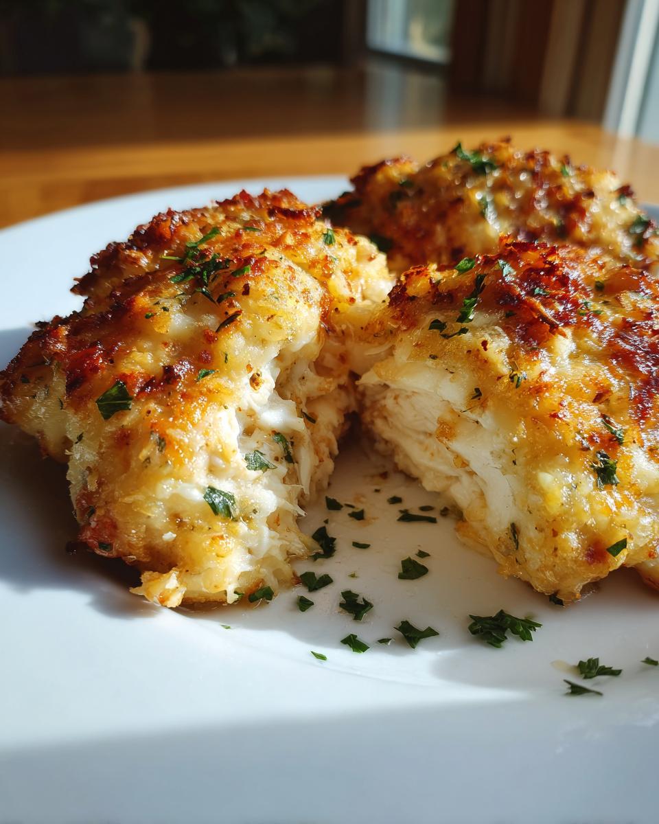 A piece of melt in your mouth chicken, cut open to show moist white meat and a golden, cheesy, herbed crust.