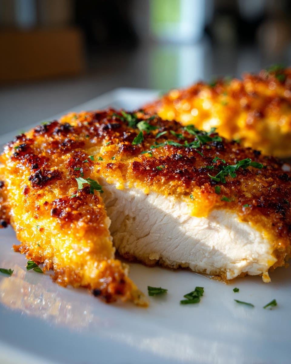 A close-up of a perfectly cooked piece of melt in your mouth chicken, showing the juicy white interior and crispy golden crust.