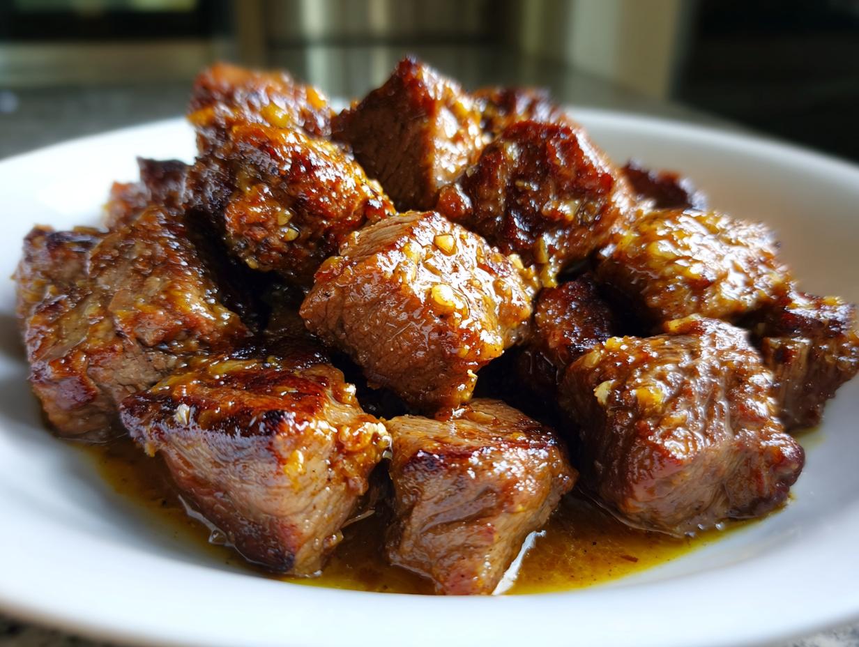 Close-up of tender, glazed steak cubes served in a white bowl, perfect for crockpot steak recipes.