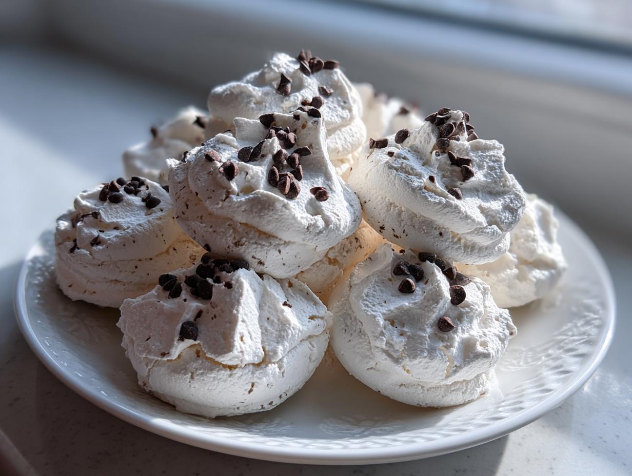 A pile of light, fluffy meringue forgotten cookies topped with mini chocolate chips on a white plate.