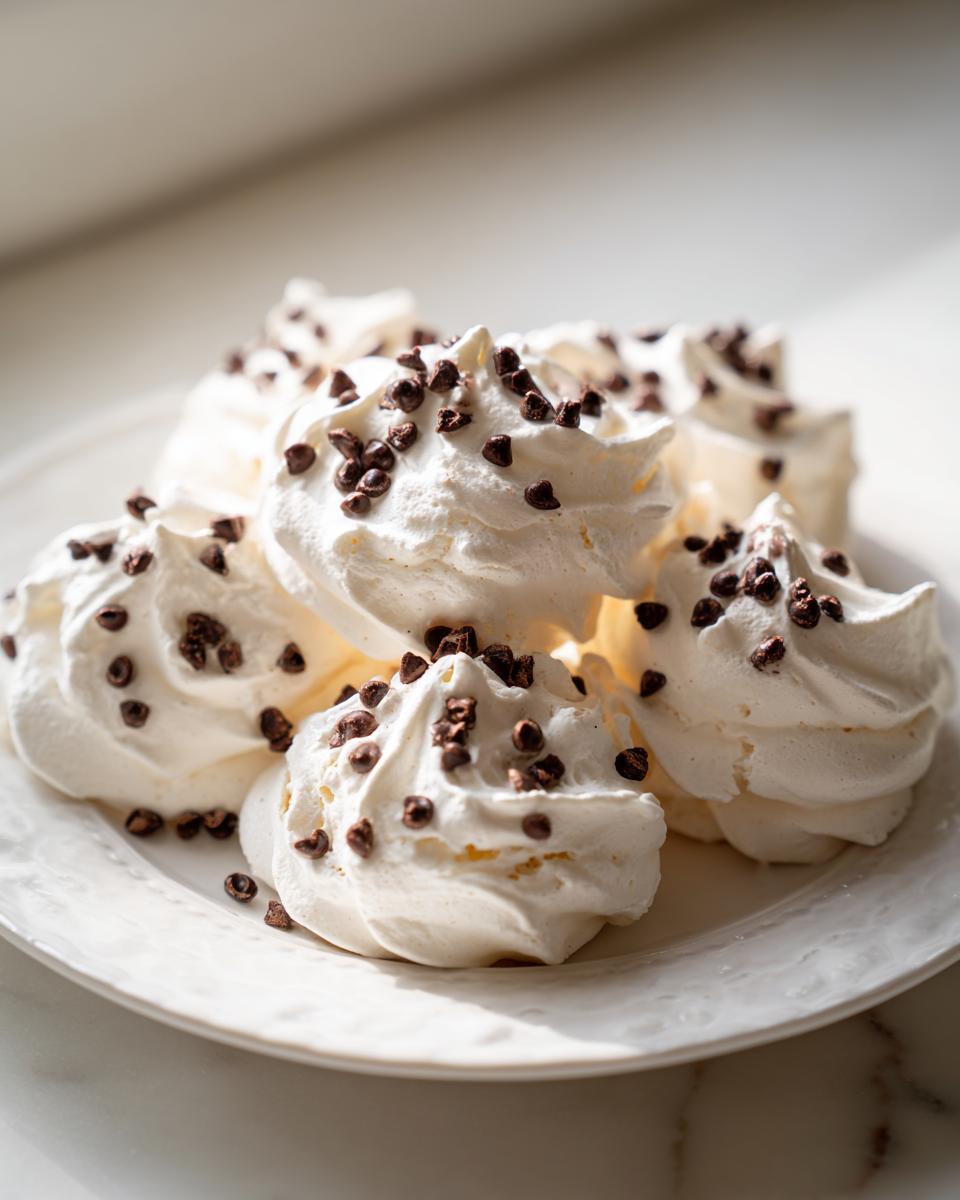 A pile of fluffy white meringue kisses topped with mini chocolate chips, representing delicious forgotten cookies.