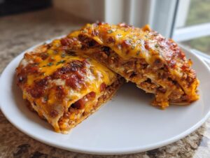 Cross-section view of a layered Mexican pizza slice showing seasoned ground beef and melted cheddar cheese.