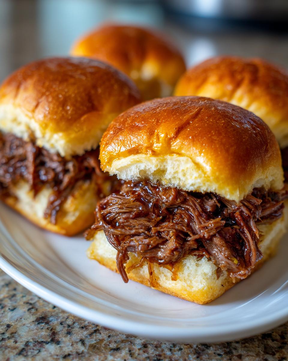 Close-up of several juicy Mississippi pot roast sliders piled high with shredded beef on glossy slider buns.