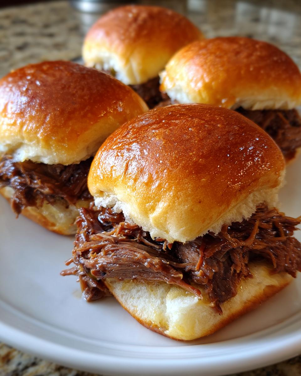 Four glossy, toasted slider buns filled with rich, shredded Mississippi pot roast served on a white plate.