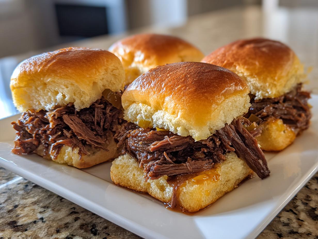Four delicious mississippi pot roast sliders piled high with shredded beef on soft buns, served on a white platter.