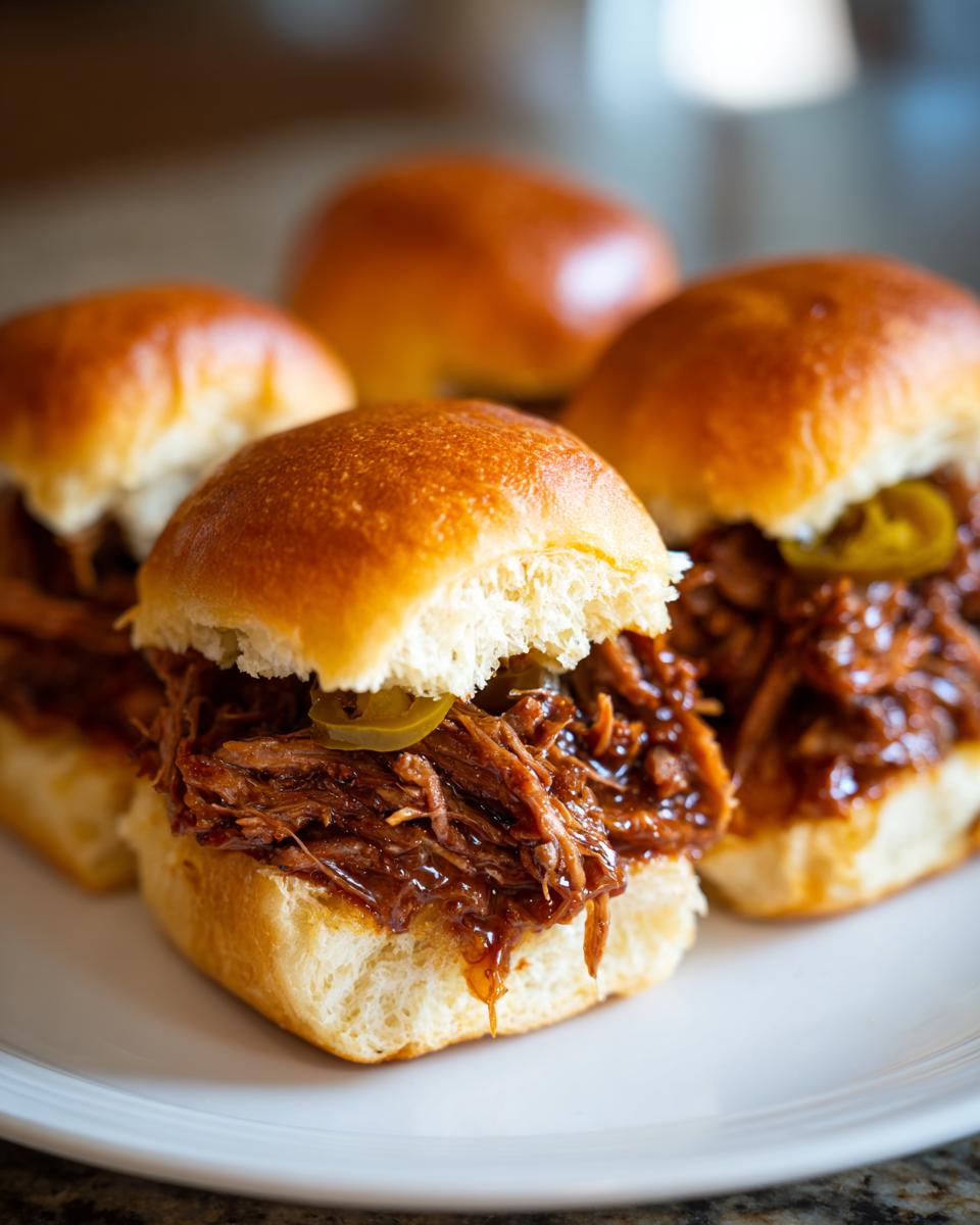 Four delicious Mississippi pot roast sliders piled high with shredded, saucy beef and topped with jalapeños on soft rolls.
