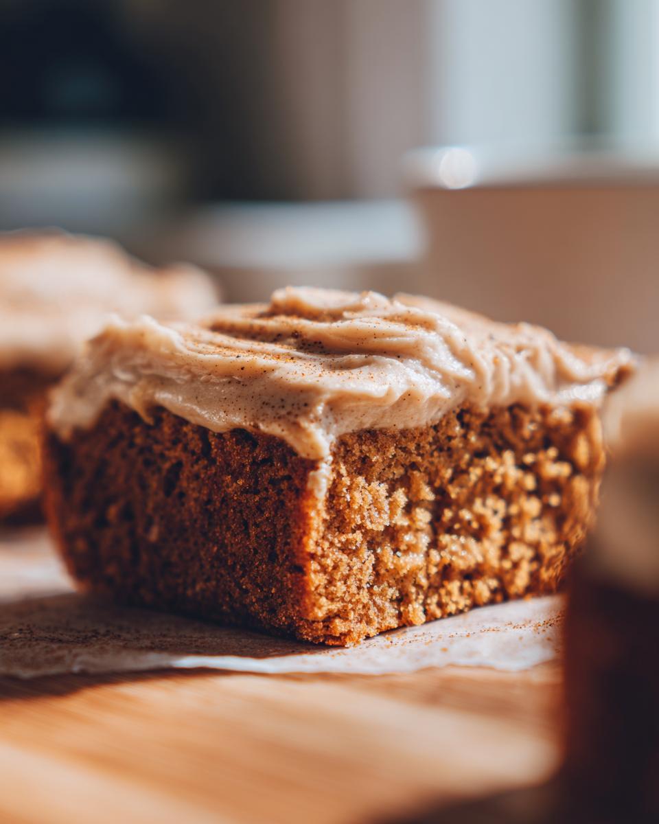 Close-up of a moist slice of applesauce cake topped with thick, spiced frosting.