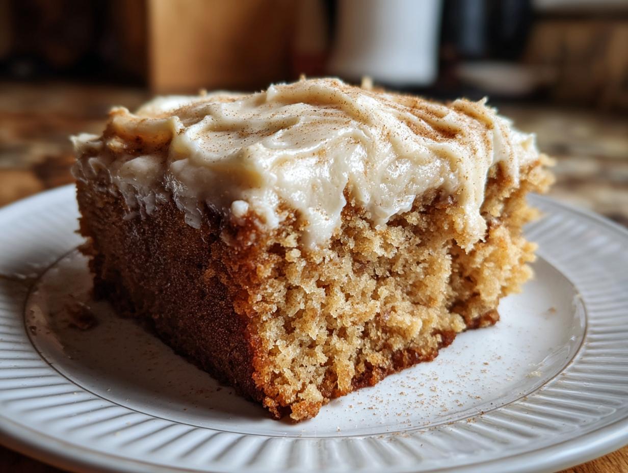 A close-up of a moist slice of applesauce cake topped with thick cream cheese frosting and sprinkled with cinnamon.