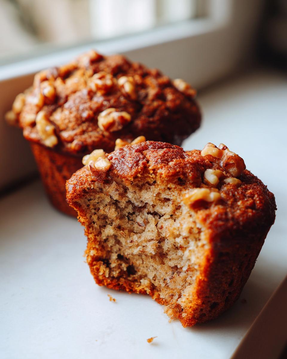 Close-up of moist banana nut muffins, one with a bite taken out showing the texture.