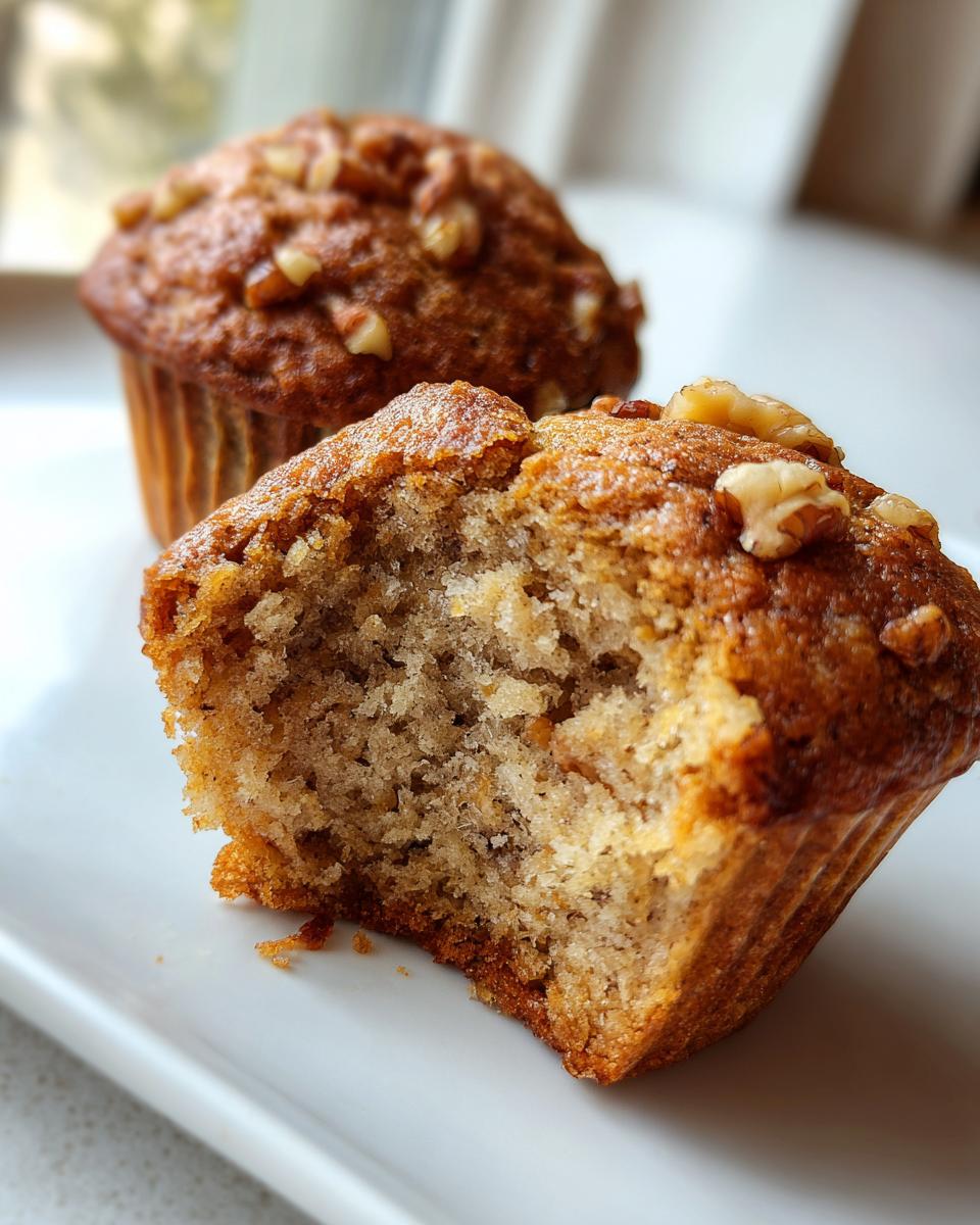Close-up of a bitten banana nut muffin showing its moist interior and walnut topping, with another muffin blurred in the background.
