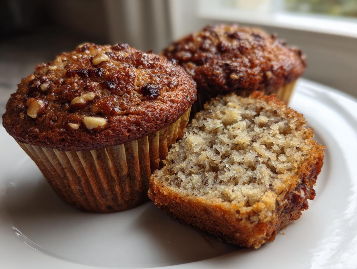 Three freshly baked banana nut muffins on a white plate, one cut in half showing the moist interior.