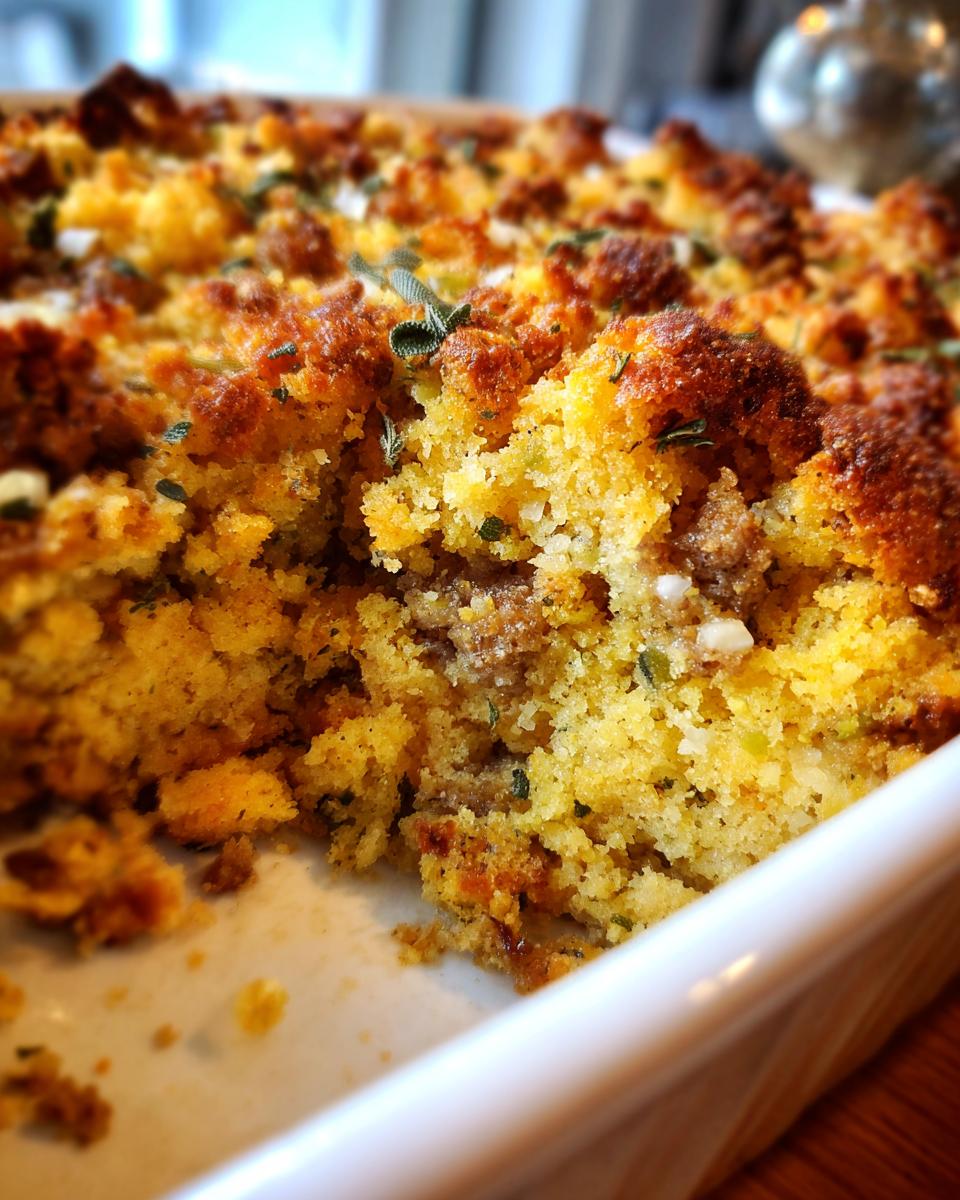 Close-up of a scoop taken out of rich, yellow cornbread stuffing, showing moist interior and crispy topping garnished with sage.