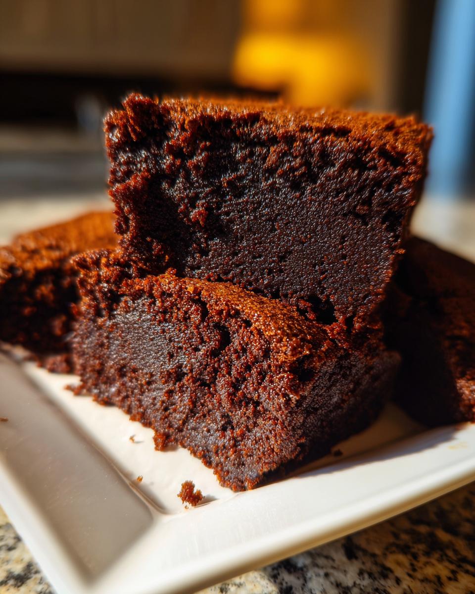 Close-up of rich, dark, fudgy pieces of Cottage Cheese Microwave Brownie stacked on a white plate.