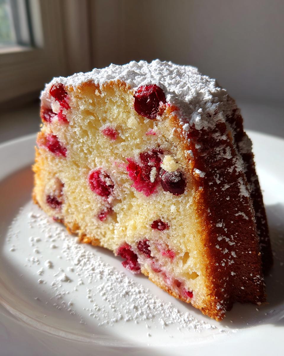 A close-up of a moist slice of cranberry orange cake dusted generously with powdered sugar on a white plate.