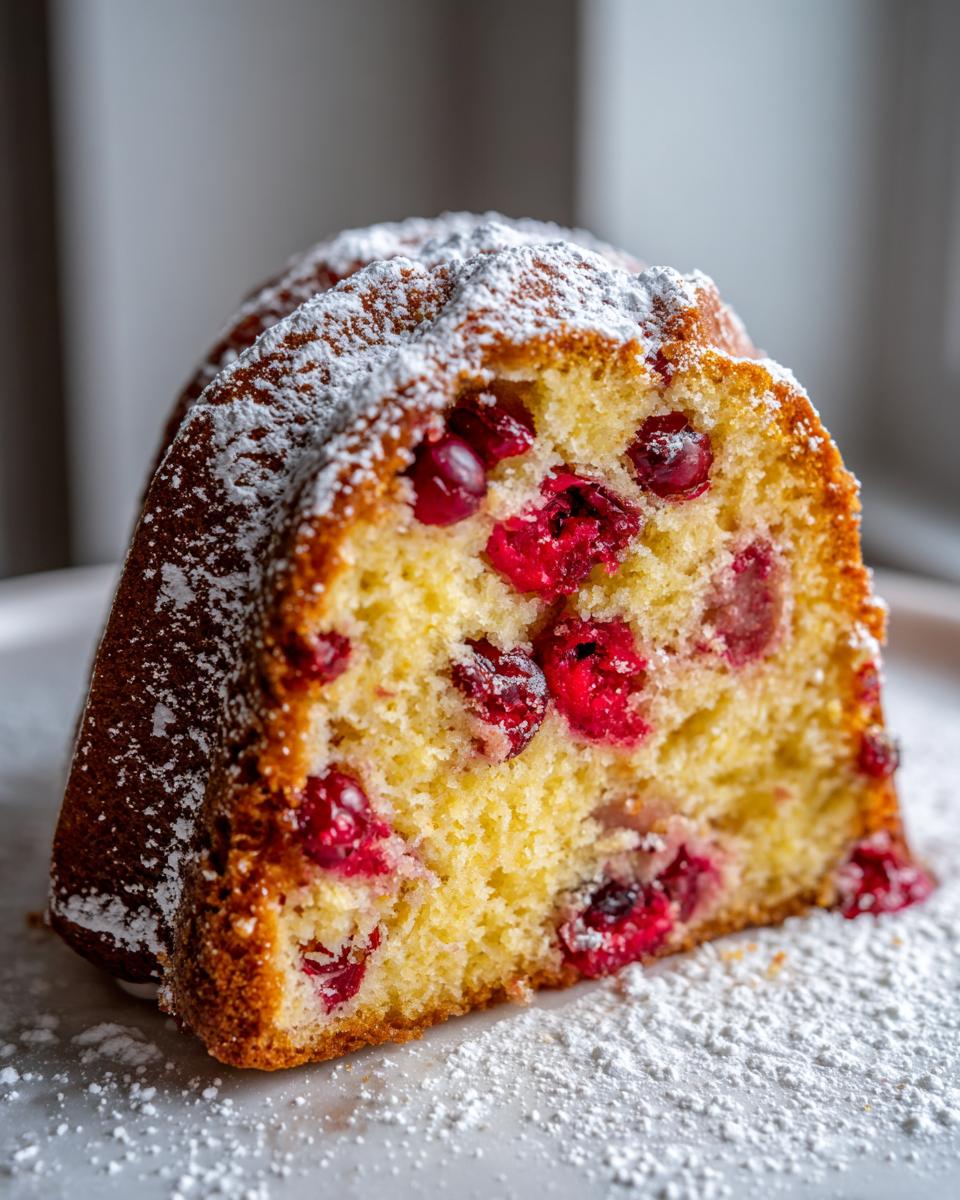 Close-up of a moist slice of cranberry orange cake, studded with bright red cranberries and dusted with powdered sugar.