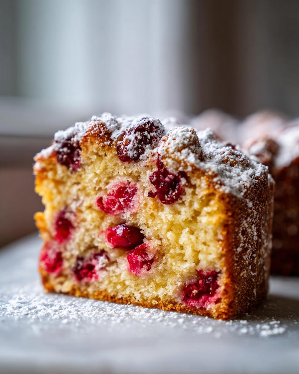 Close-up of a moist slice of cranberry orange cake studded with bright red cranberries and dusted with powdered sugar.