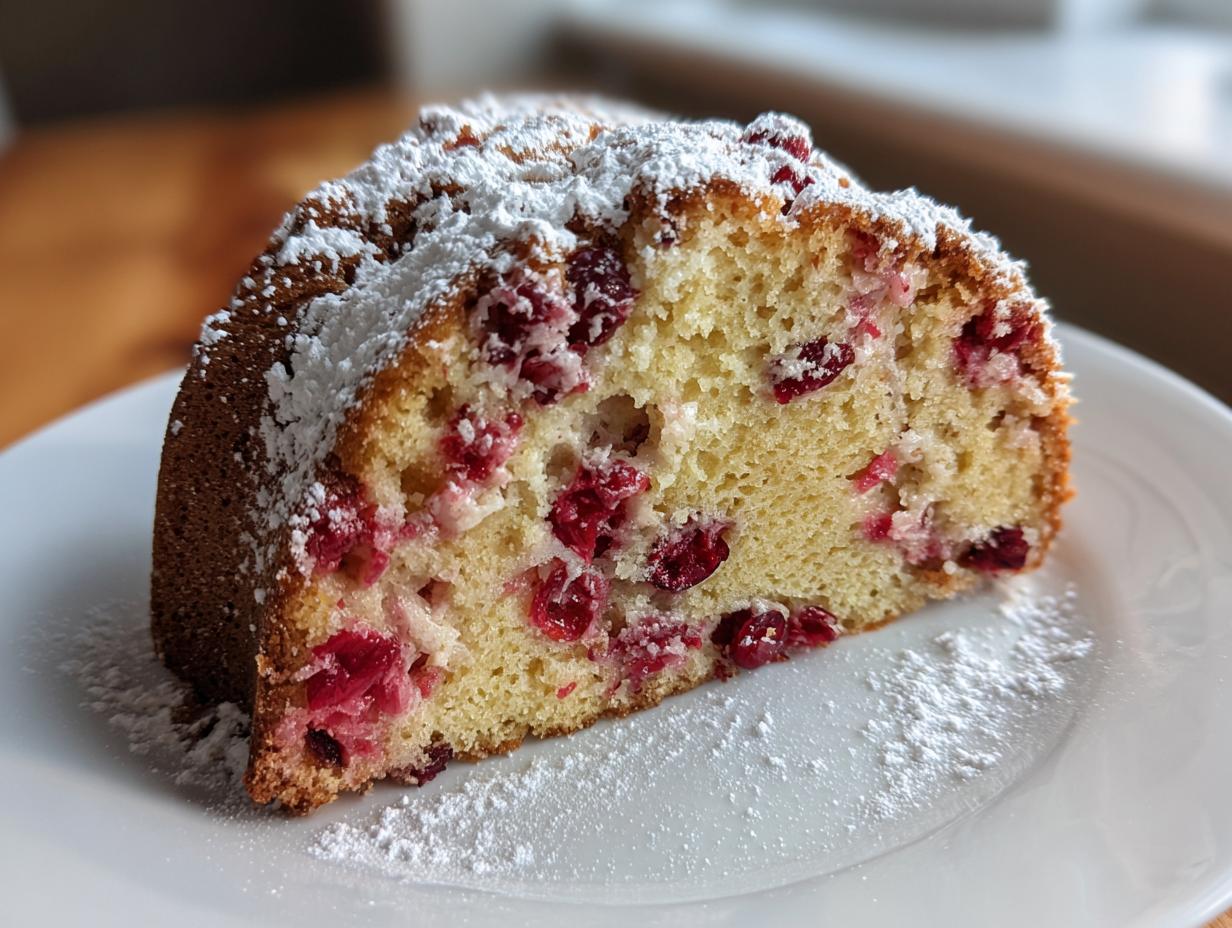A close-up of a moist slice of cranberry orange cake studded with bright red cranberries and dusted with powdered sugar.