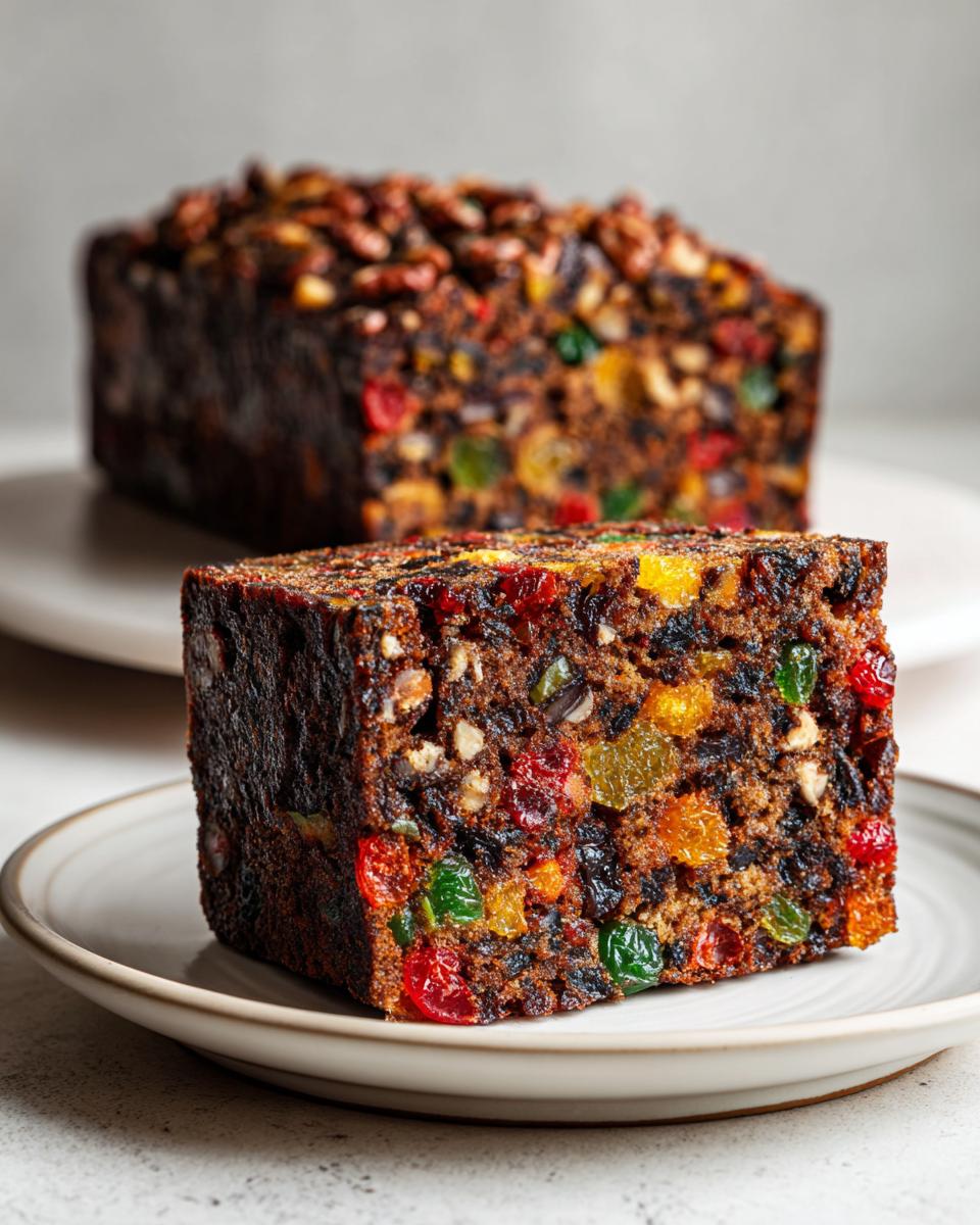 A thick slice of moist fruit cake, packed with colorful candied fruit and nuts, sits on a small plate.