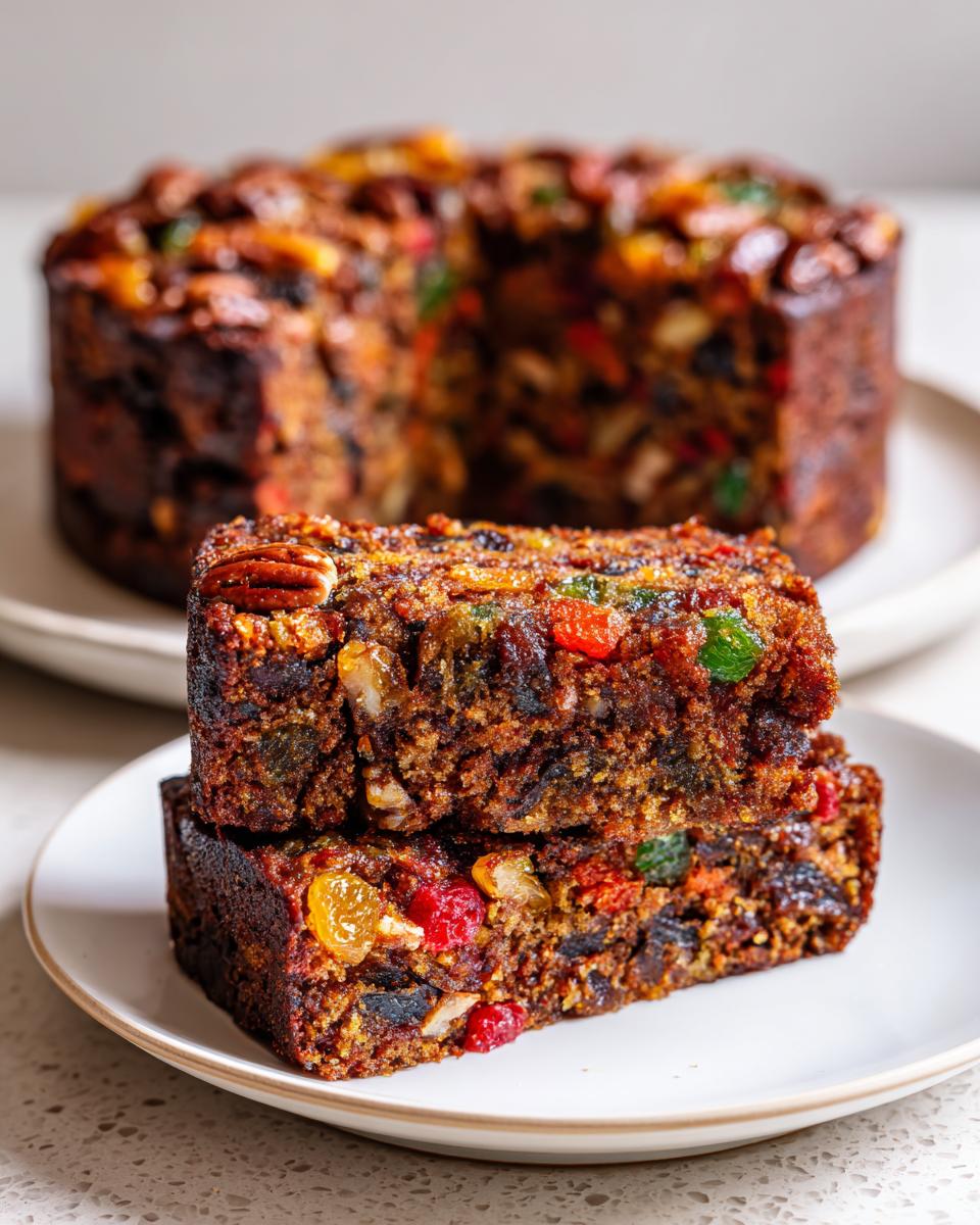 Two stacked slices of moist fruit cake showing candied fruit and nuts, with the whole fruit cake blurred in the background.