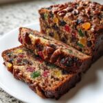 Two thick slices of moist fruit cake loaded with colorful candied fruit and topped with pecans, resting against the main loaf.