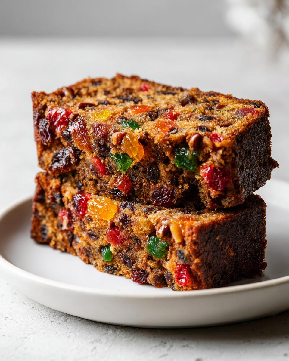 Two thick slices of moist fruit cake, loaded with colorful candied fruit and raisins, stacked on a white plate.