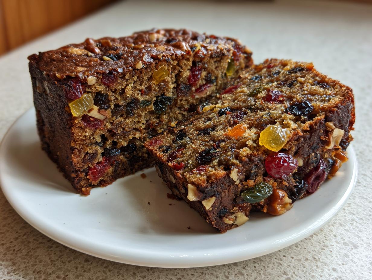 Two slices of moist fruit cake packed with colorful candied fruits and nuts resting on a white plate.