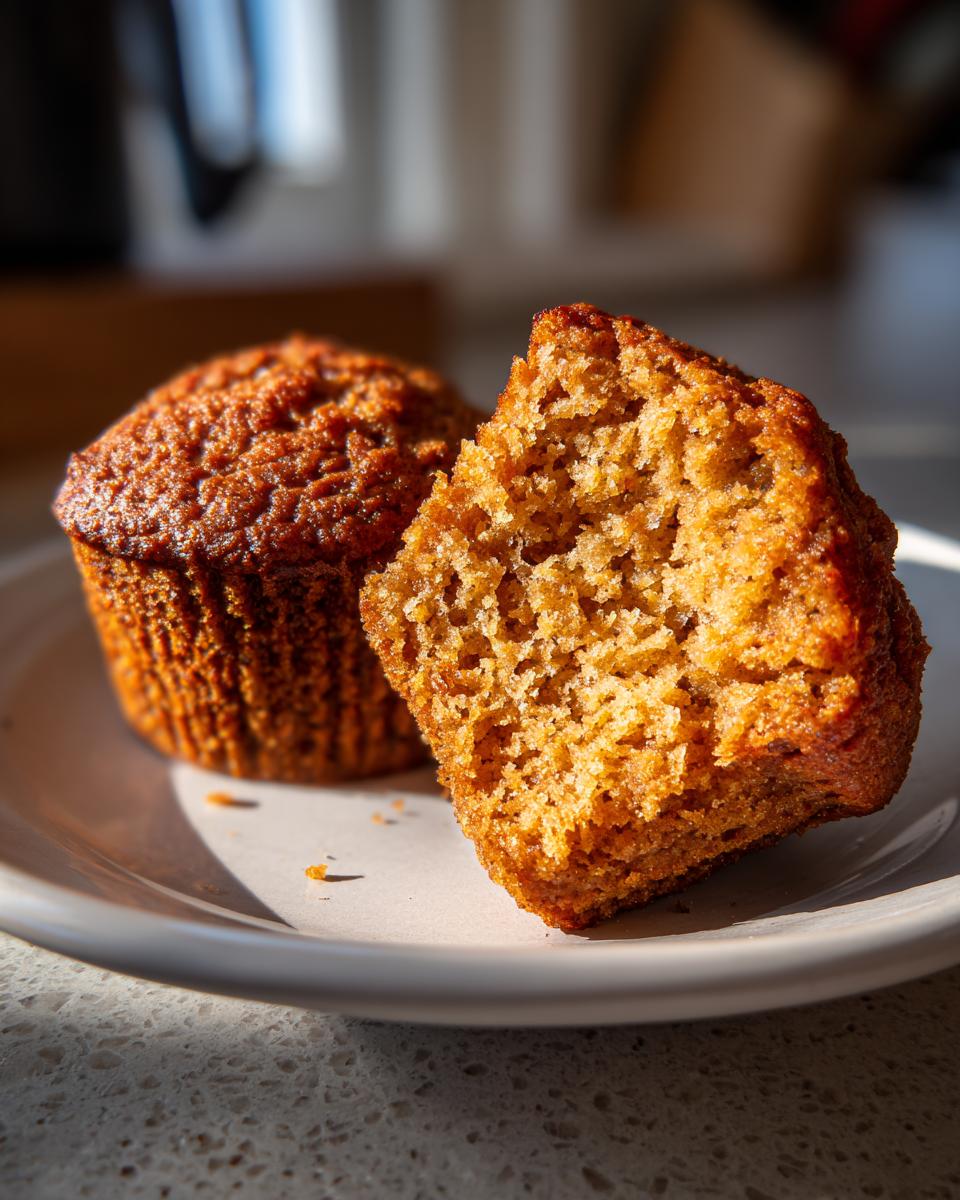 Close-up of a honey bran muffin broken in half showing its moist, textured interior next to a whole muffin.