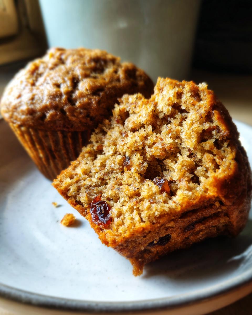 Close-up of a honey bran muffin broken in half showing its moist, textured interior and visible raisins.