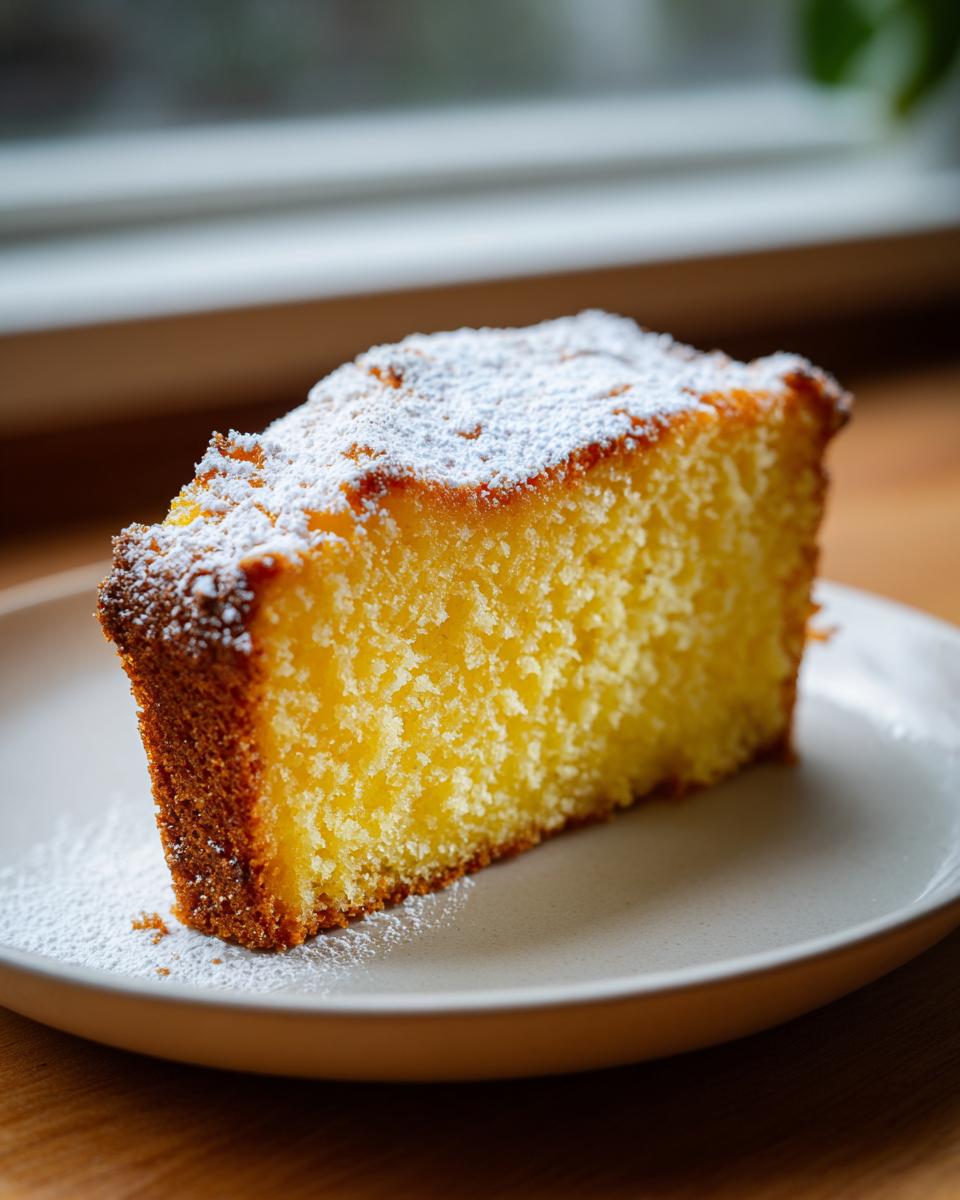 Close-up of a vibrant yellow slice of moist olive oil cake dusted with powdered sugar on a light plate.