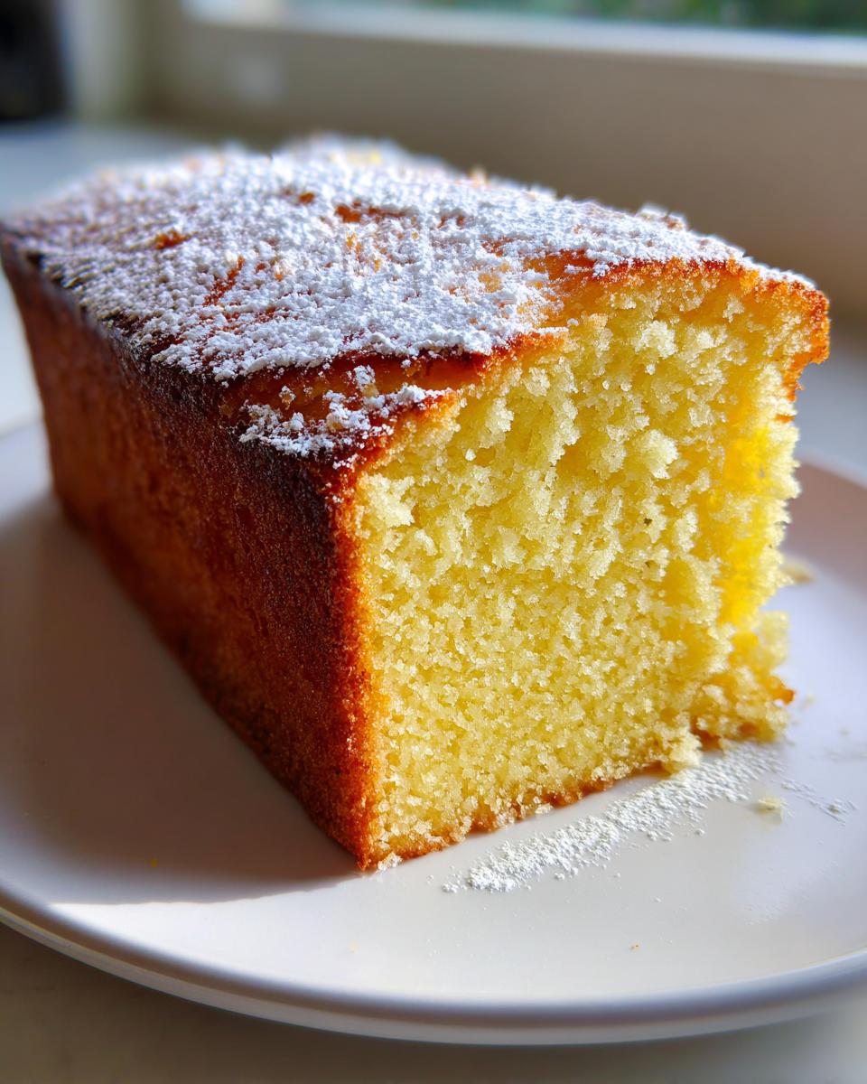A close-up of a slice of moist, yellow olive oil cake dusted with powdered sugar, sitting on a white plate.