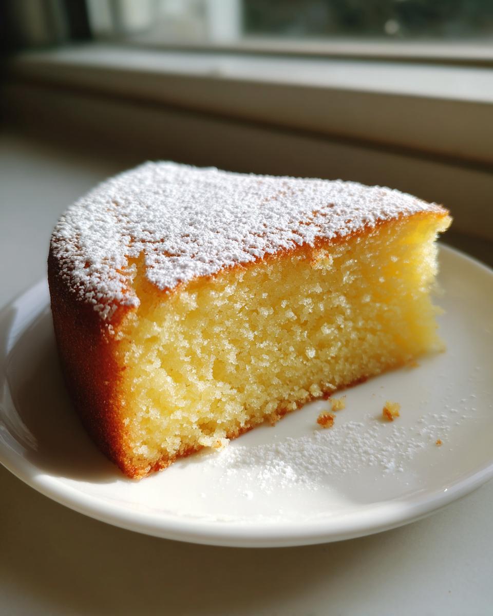 A close-up of a moist slice of yellow olive oil cake dusted heavily with powdered sugar on a white plate.