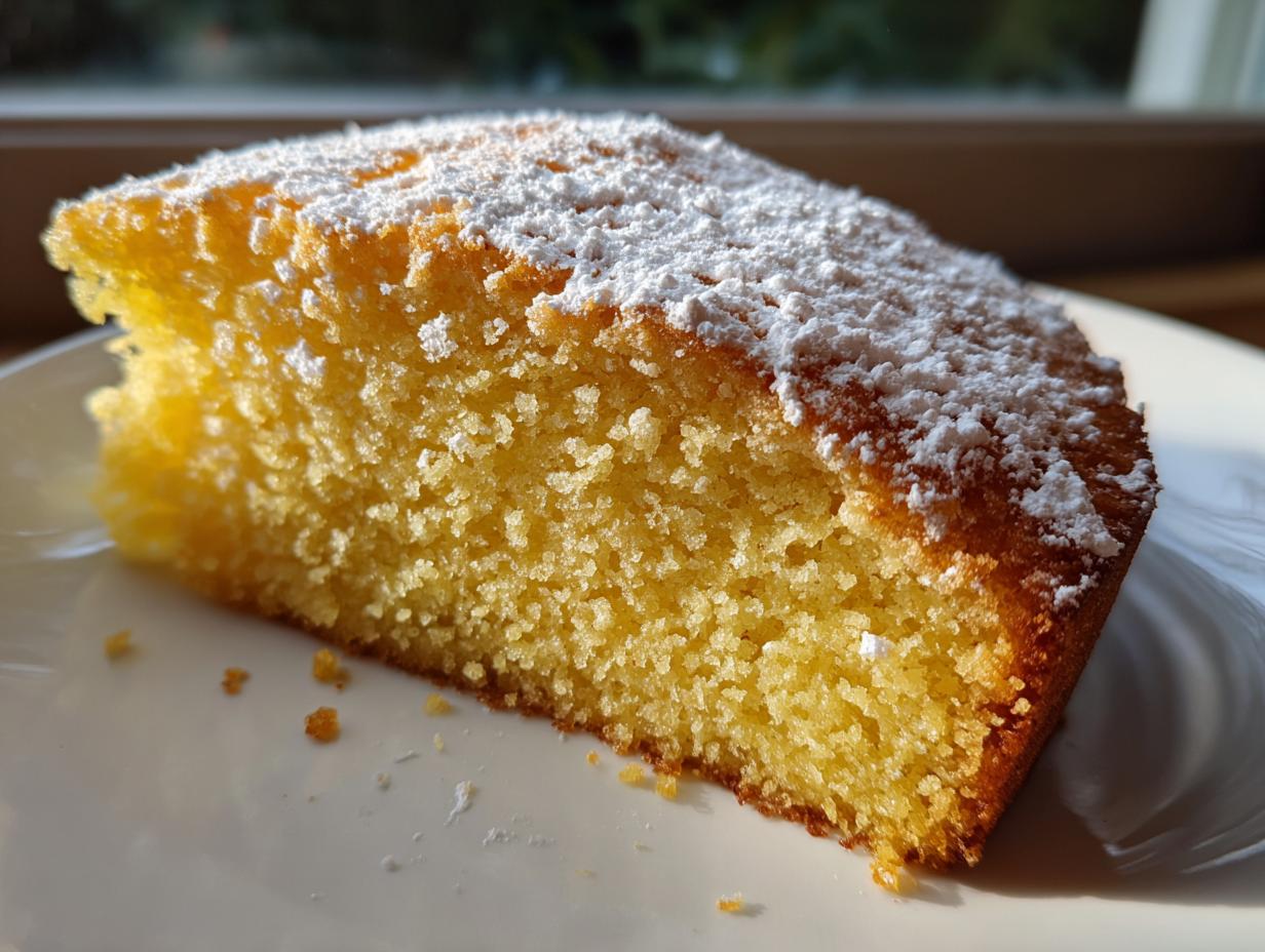 Close-up of a moist, yellow slice of olive oil cake dusted generously with white powdered sugar.