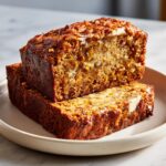 Two stacked slices of moist Protein Banana Bread showing a rich brown crust and a creamy swirl inside.