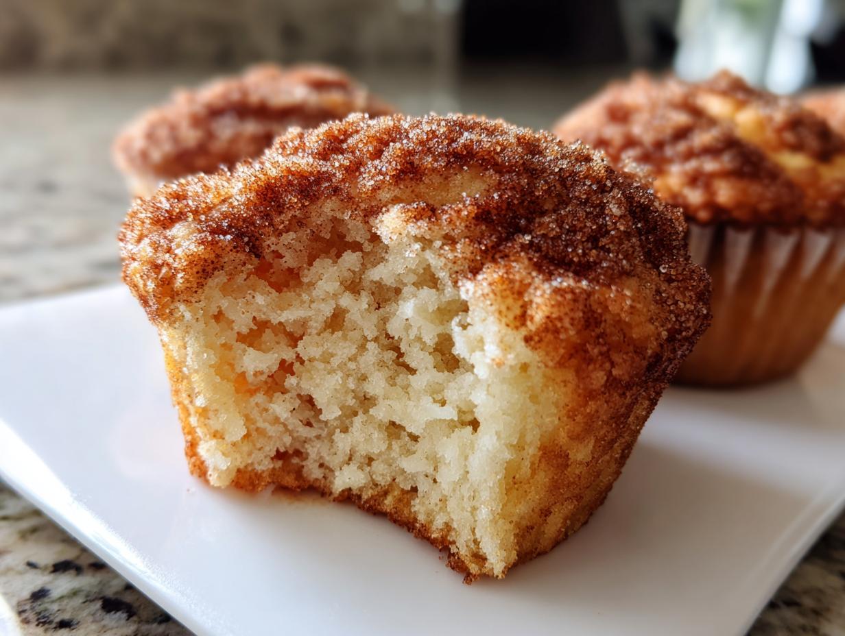 Close-up of a bitten snickerdoodle muffin showing the soft interior and cinnamon sugar topping.