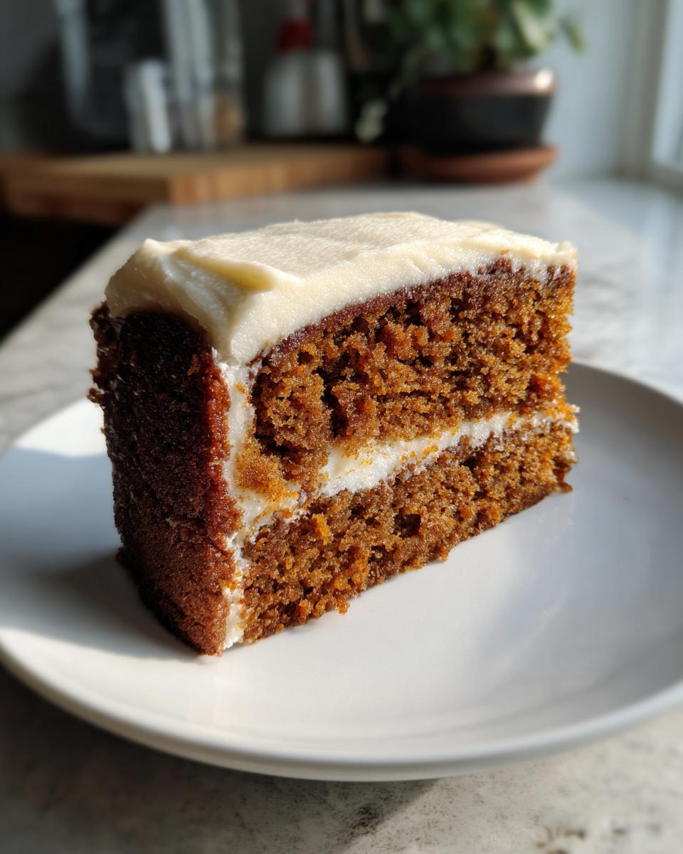 A close-up of a moist slice of spice cake layered with cream cheese frosting on a white plate.