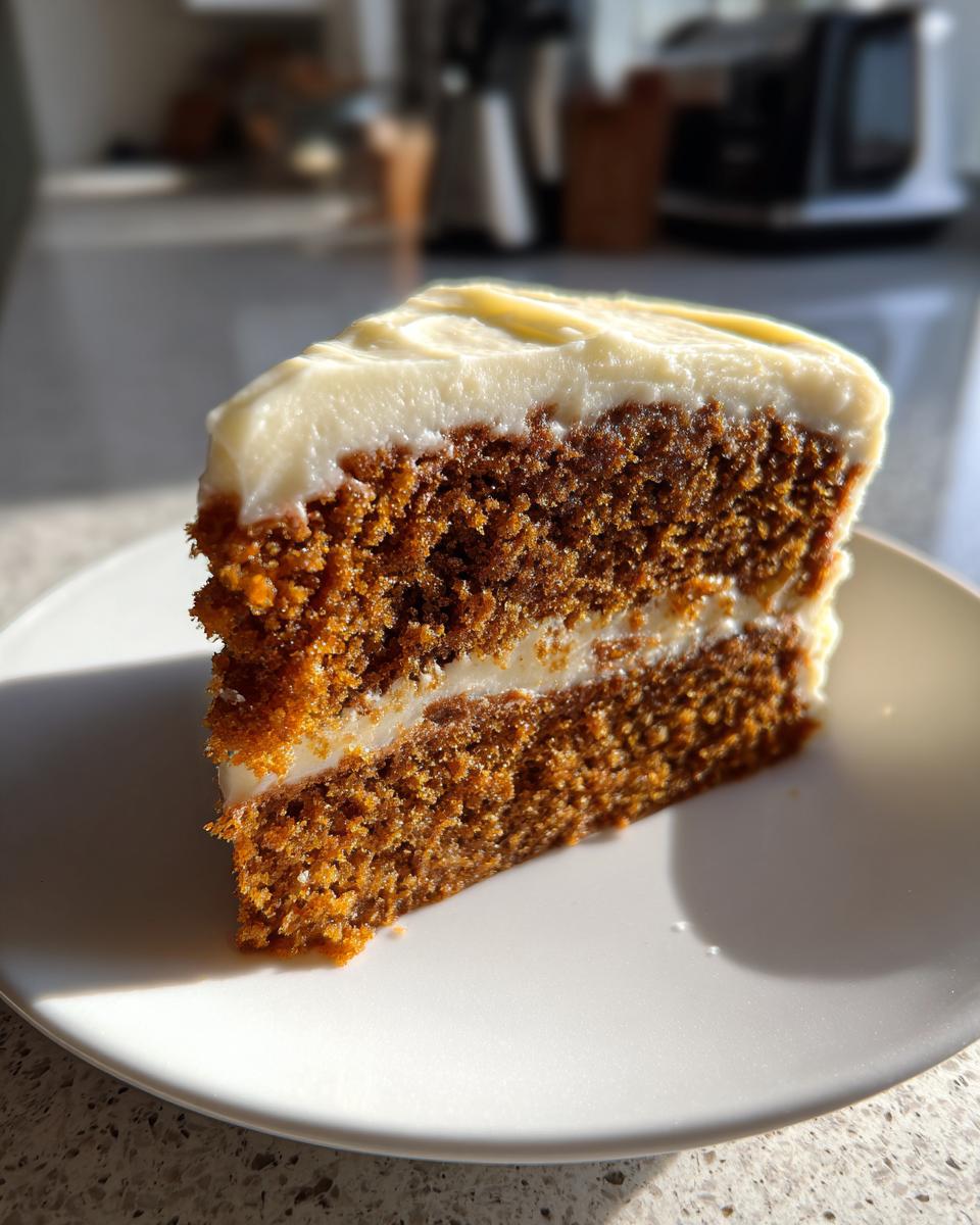 Close-up of a moist slice of spice cake layered with thick cream cheese frosting, sitting on a white plate.