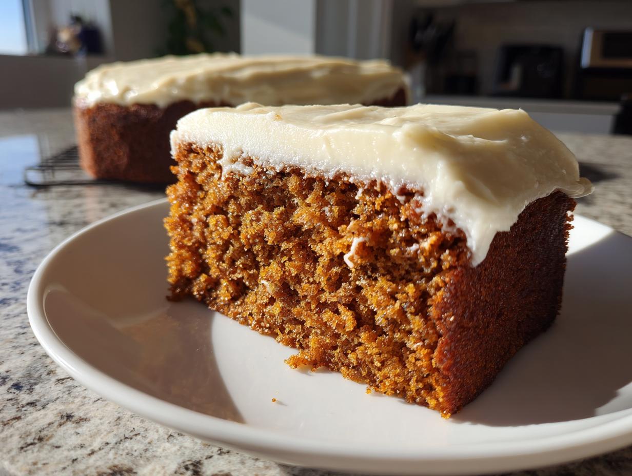 Close-up of a moist slice of amazing 1 spice cake topped with thick cream cheese frosting on a white plate.