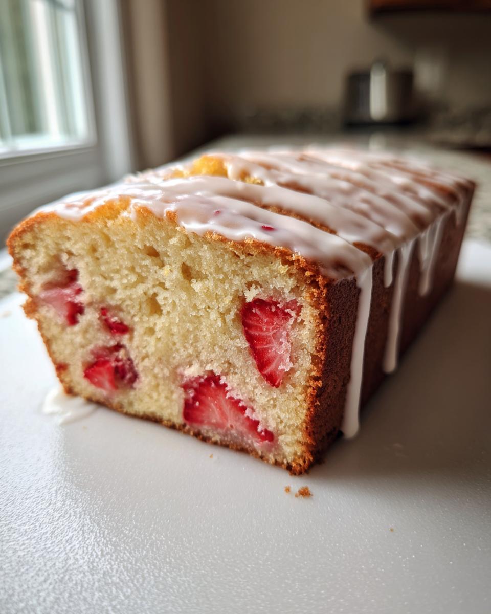 Cross-section of moist strawberry bread loaf topped with a white vanilla glaze, showing fresh strawberry pieces inside.