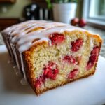 Cross-section view of moist strawberry bread loaf, filled with bright red strawberries and topped with a white vanilla glaze.