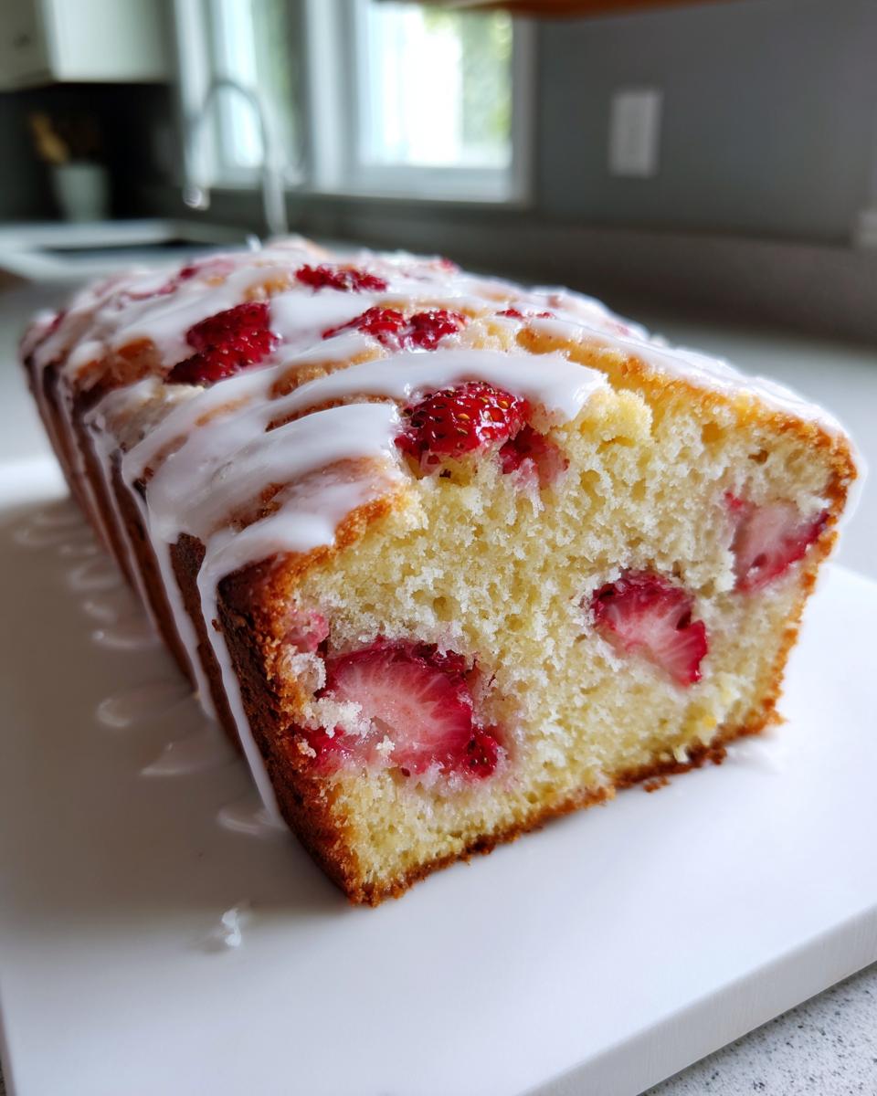 A close-up of a freshly baked, moist strawberry bread loaf topped with a sweet white glaze and visible strawberry slices.