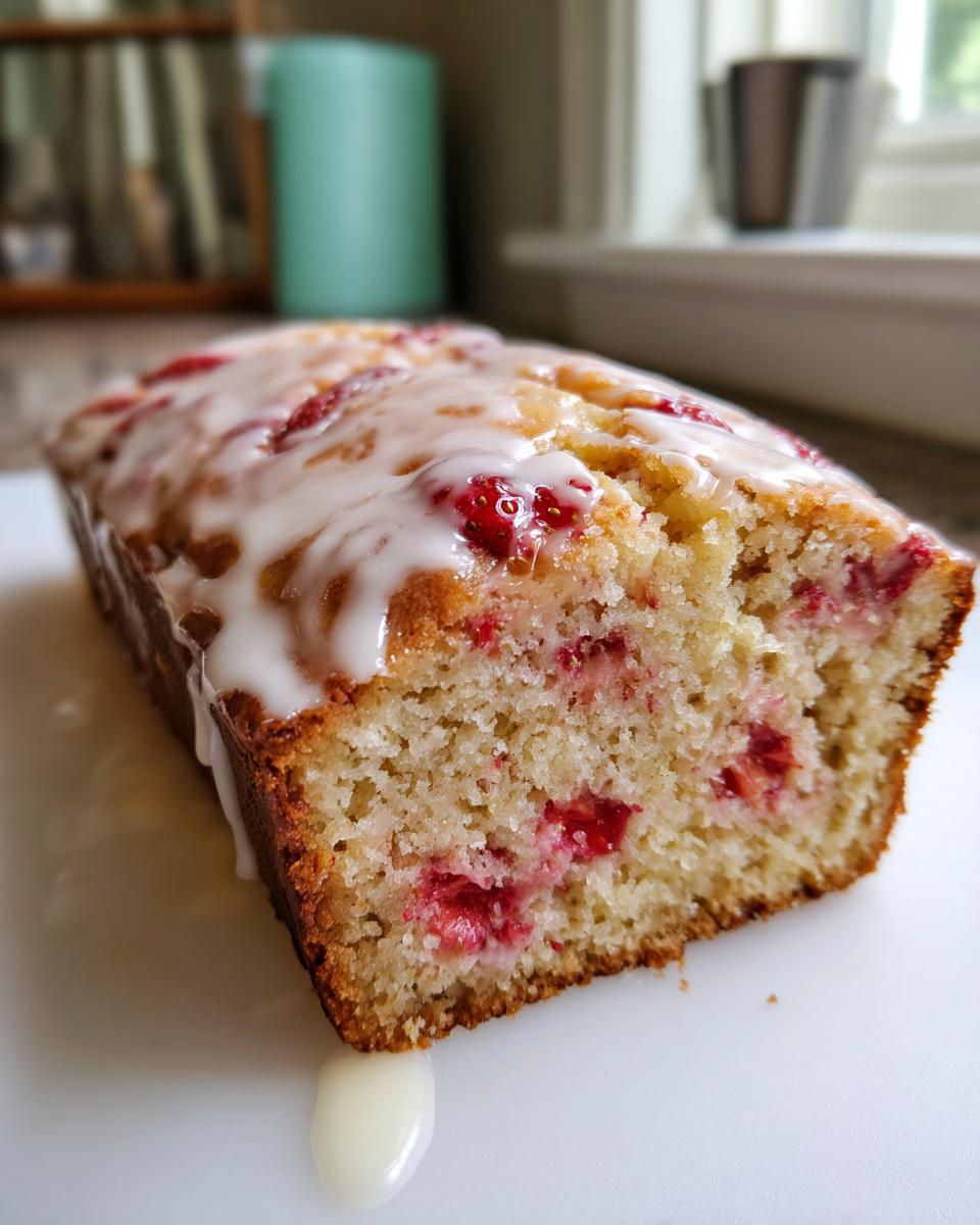 A close-up of a freshly baked, moist strawberry bread loaf topped with a thick vanilla glaze.