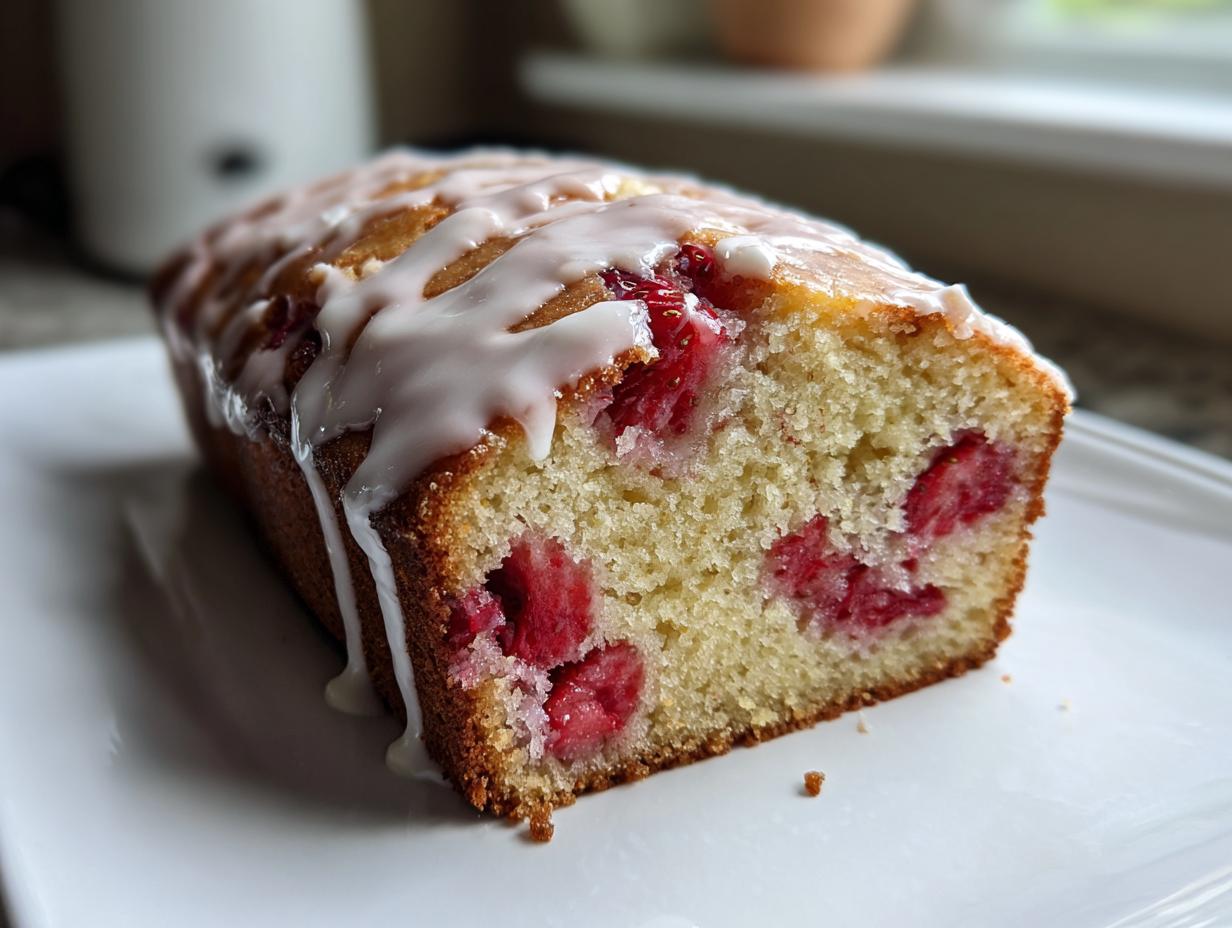 A close-up view of a moist slice of strawberry bread topped with a thick vanilla glaze.