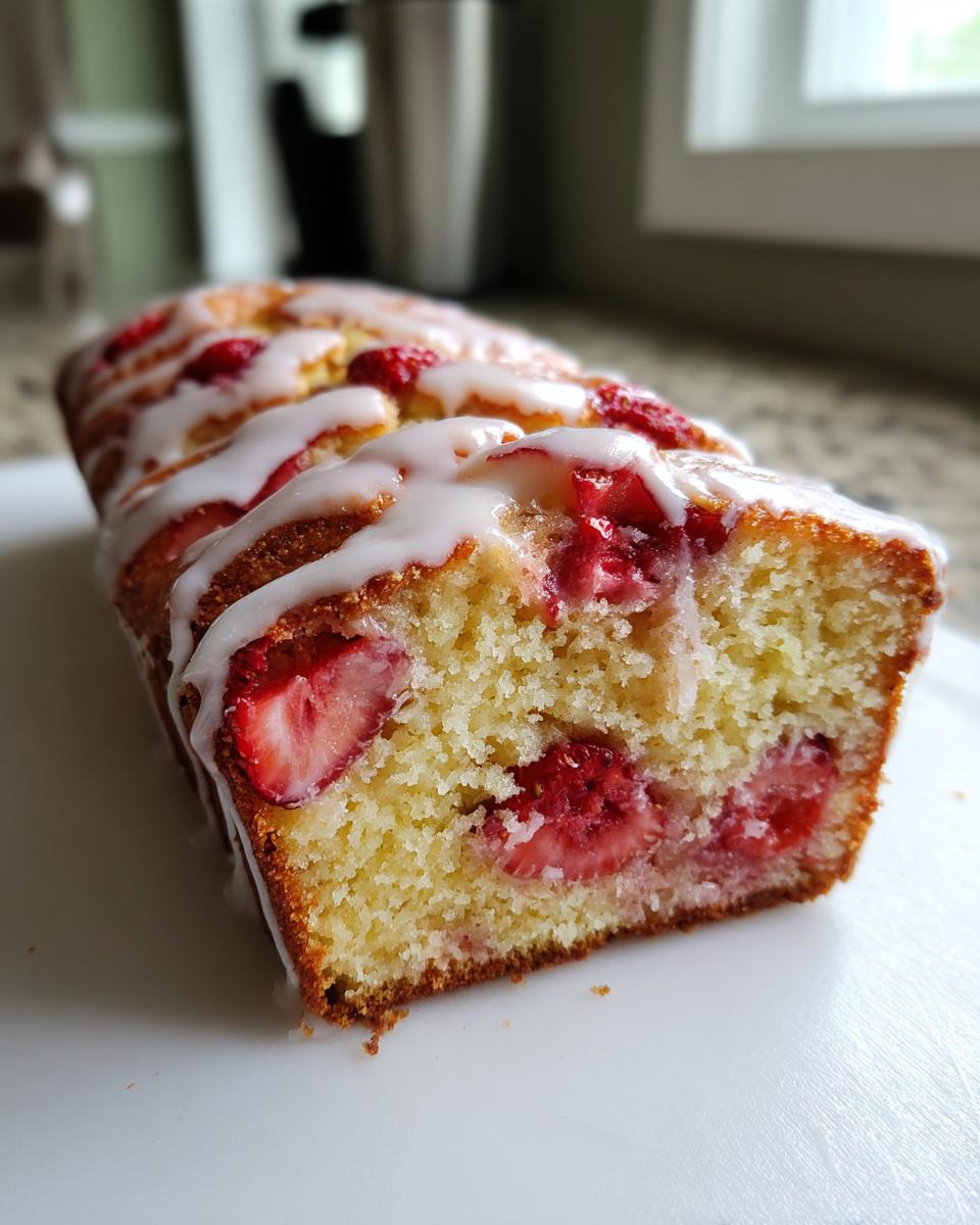 Cross-section view of moist strawberry bread loaf topped with a white vanilla glaze and filled with bright red strawberry slices.