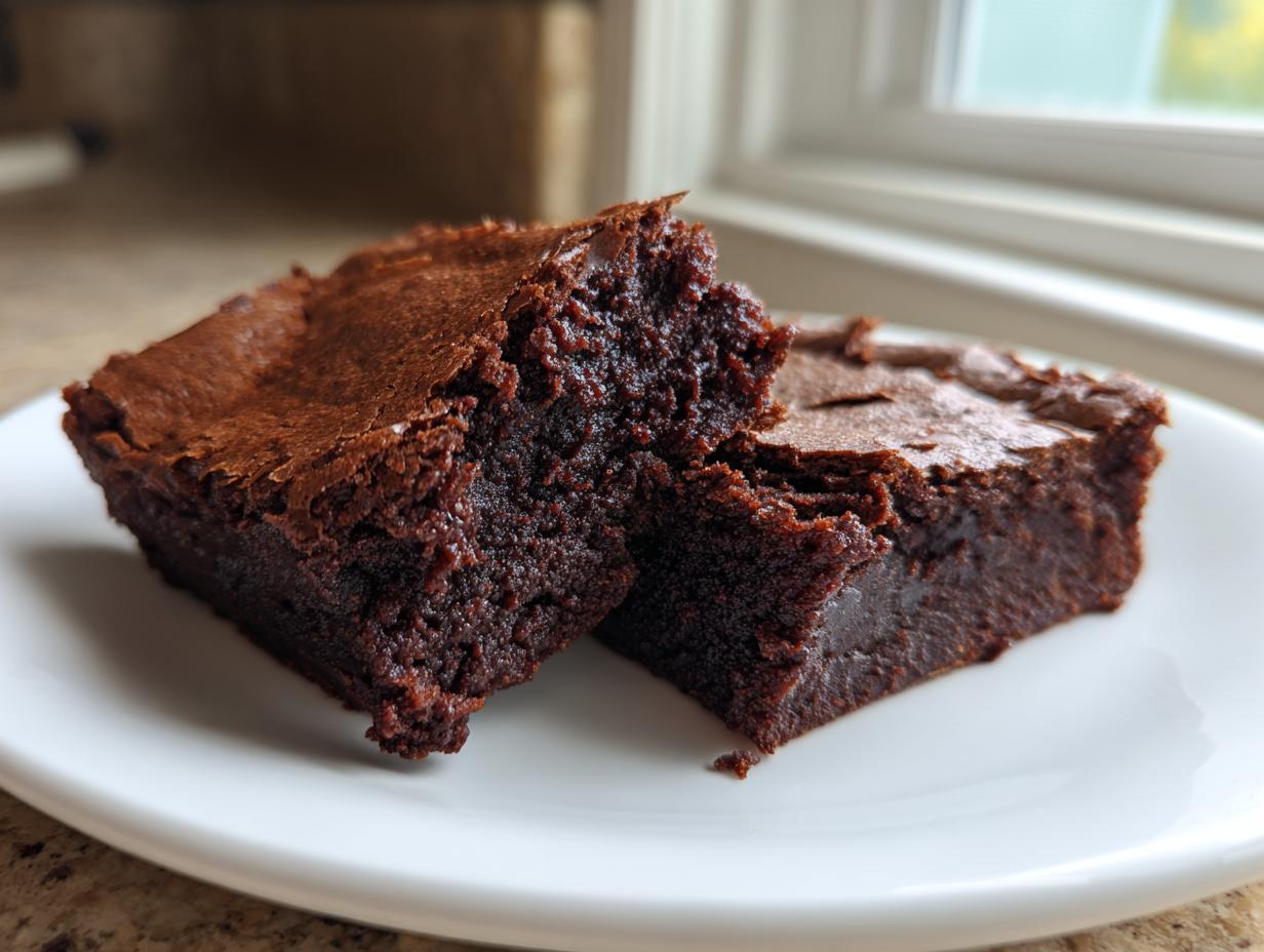 Two rich, fudgy squares of sweet potato brownies resting on a white plate near a window.