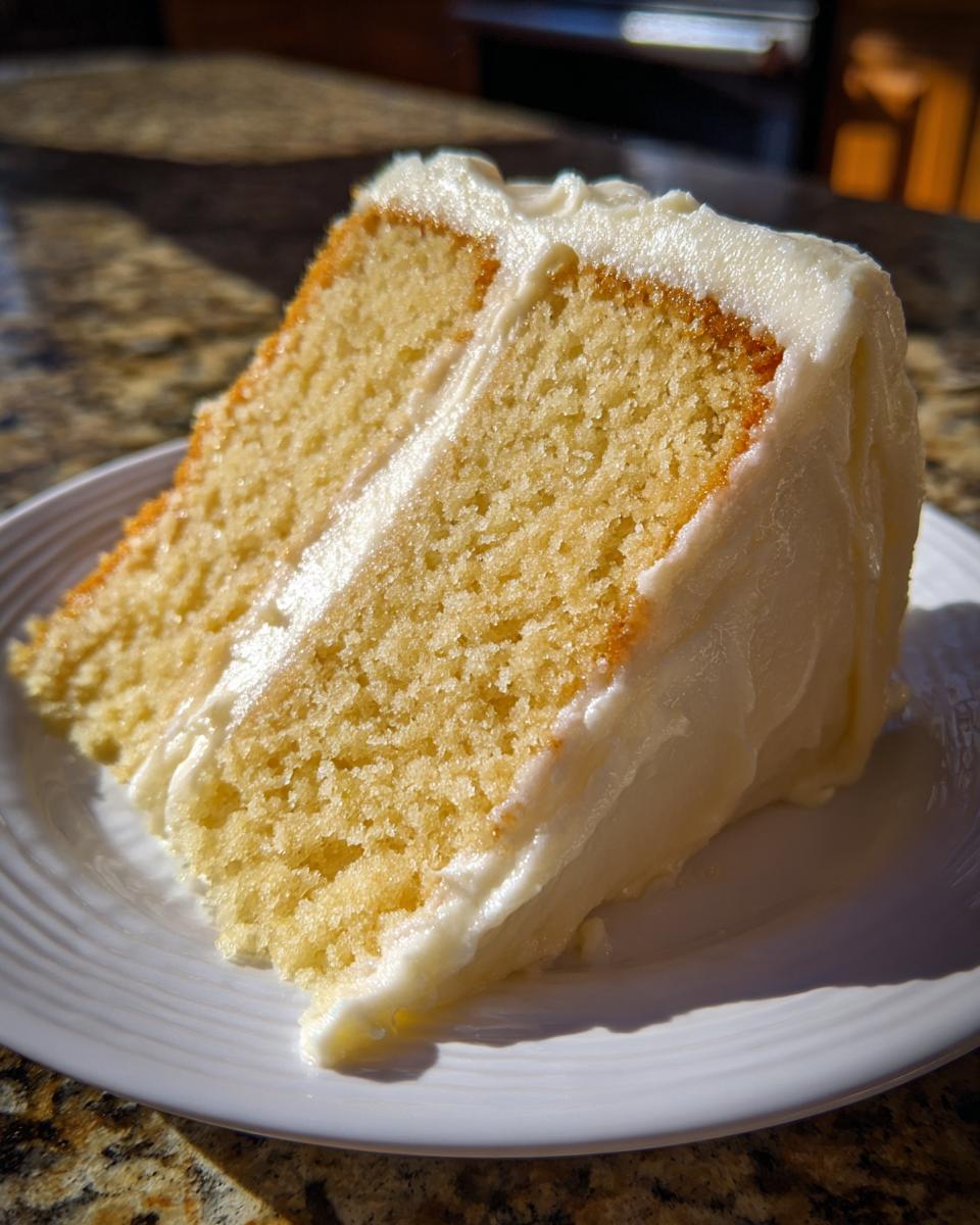 Close-up of a moist slice of yellow vanilla cake recipe layered with white frosting on a white plate.