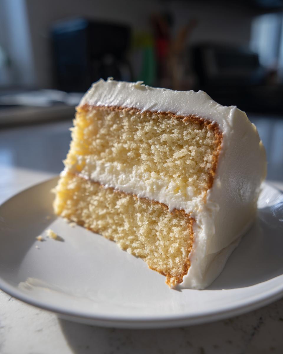 Close-up of a moist slice of layered vanilla cake recipe with thick white frosting on a white plate.