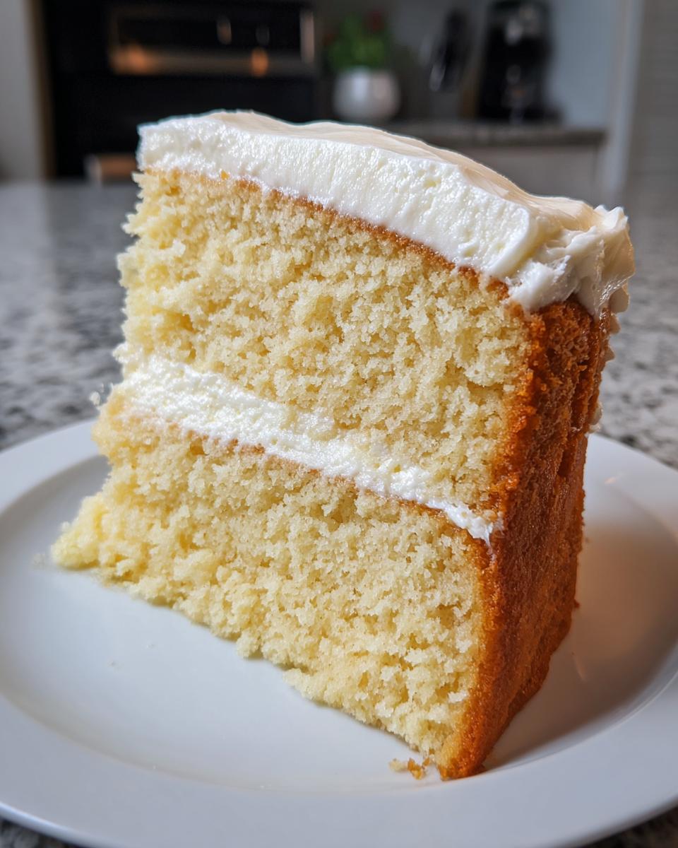 Close-up of a moist, two-layer slice of vanilla cake recipe with white frosting.