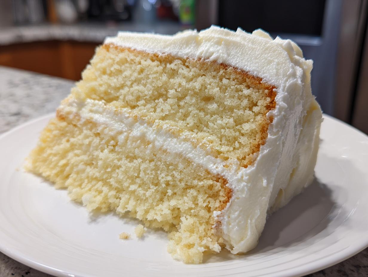 Close-up of a thick, moist slice of vanilla cake recipe layered with white frosting on a white plate.