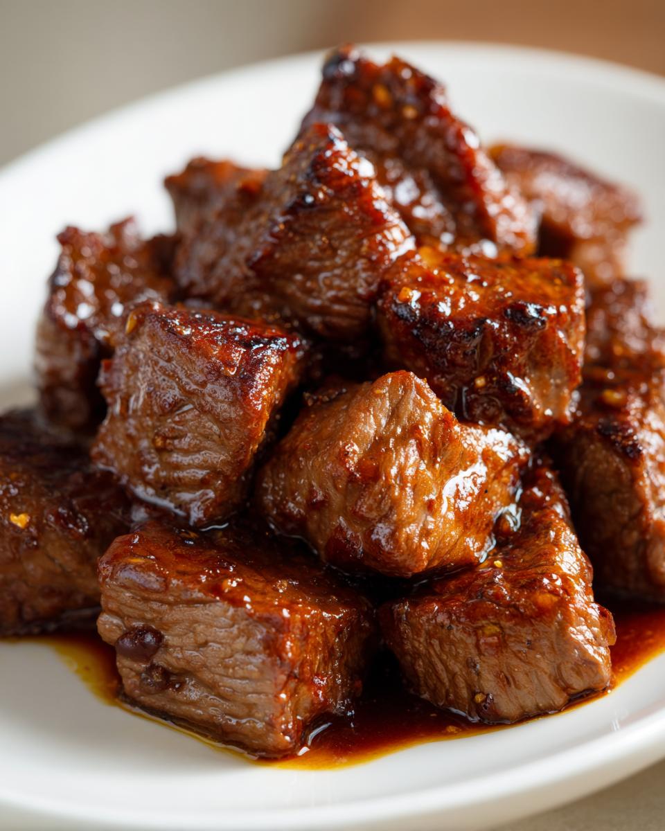 Close-up of tender, saucy cubes of crockpot steak piled on a white plate.
