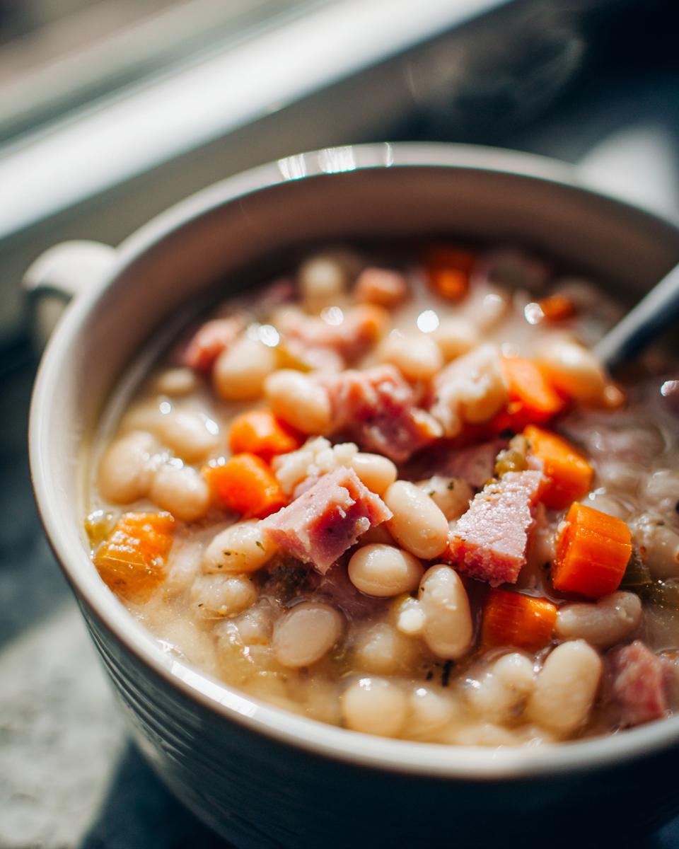 Close-up of a bowl of hot navy bean soup featuring white beans, diced ham, and bright orange carrots.